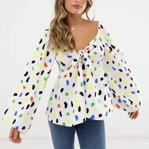 {ASOS DESIGN} Volume Long Sleeves Tie Front Top in Splodge Print